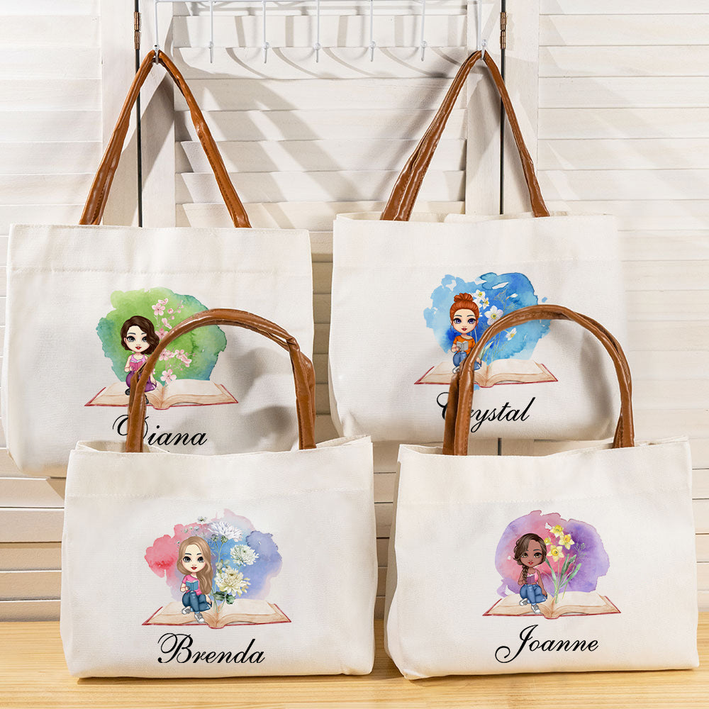 Personalizada Acuarela Nacimiento Flor Dibujos Animados Lectura Niña Bolsa de Lona Grande con Nombre Cumpleaños Aniversario Regalo para Bibliotecaria Amantes de los Libros