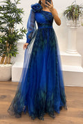 One Shoulder Long Sleeve Printed Slit Swing Maxi Dress