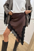 Lace Trim Side Slit Irregular Satin Skirt