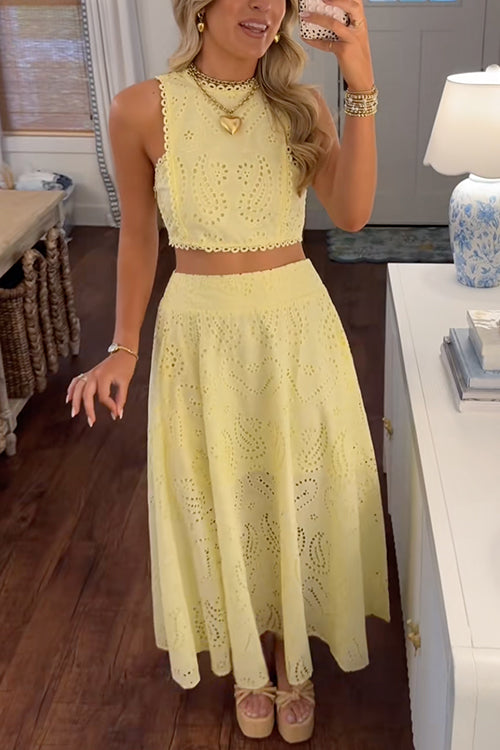 Sleeveless Crop Top and A-line Maxi Skirt Lace Set