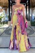 Spaghetti Strap Waisted Floral Print Pleated Swing Maxi Dress