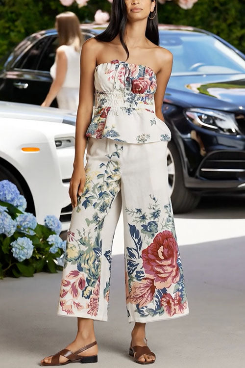 Floral Print Strapless Ruffle Tube Top and Smocked Waist Wide Leg Pants