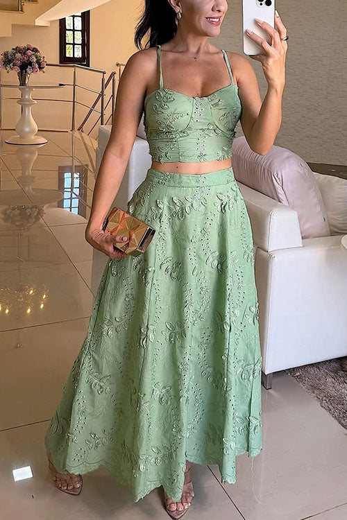 Embroidery Crop Cami Top and Elastic Waist Swing Maxi Skirt Set