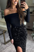 Off Shoulder Long Sleeves Ribbed Knit Sweater