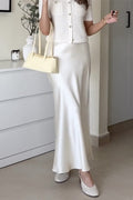 Elegant High Rise Satin Midi Skirt