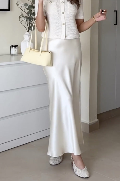 Elegant High Rise Satin Midi Skirt