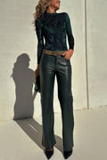 High Rise Faux Leather Pocketed Straight Leg Pants