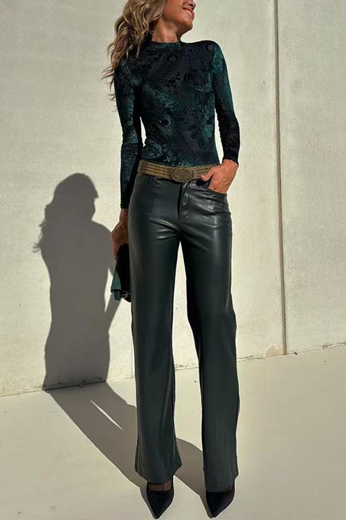 High Rise Faux Leather Pocketed Straight Leg Pants