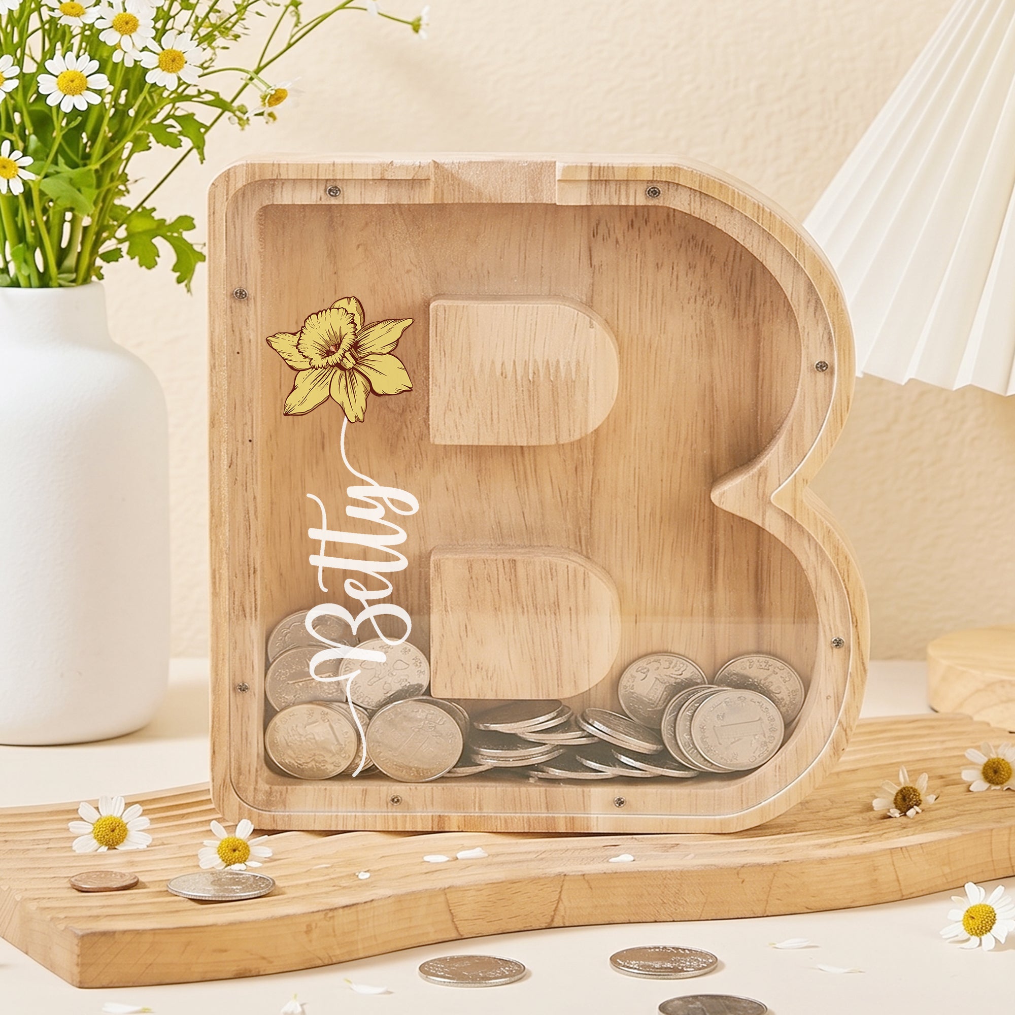 Hucha Personalizada Flor Inicial de Nacimiento con Nombre Cumpleaños Día del Niño Regalo para Niños Niñas Niños