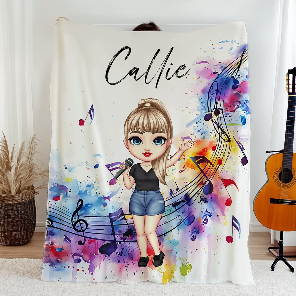 Personalizado 1-2 Personajes de dibujos animados Música Partitura Suave manta con nombres Decoración del hogar Regalo de cumpleaños para las mujeres y los amantes de la música