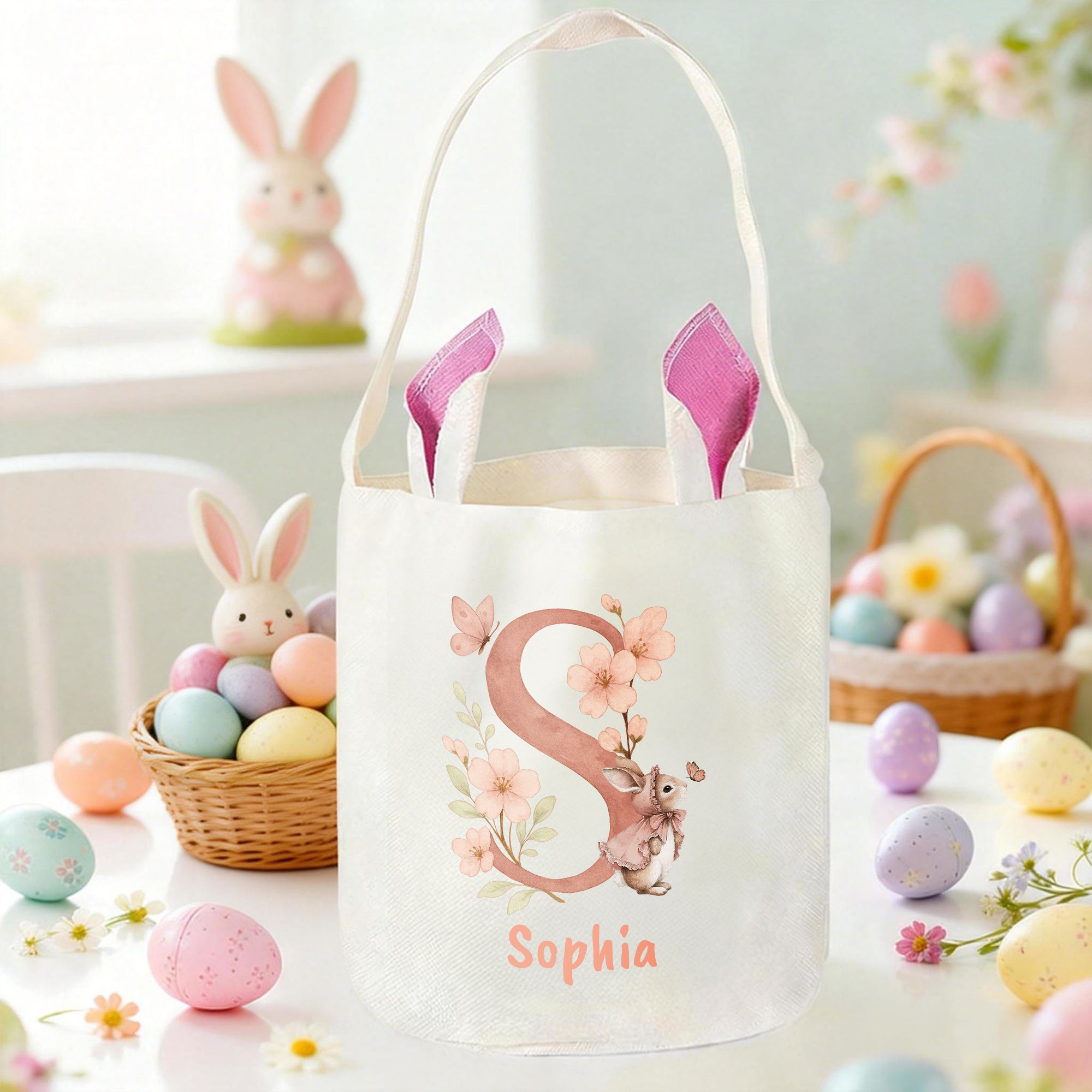 Cesta de Pascua Reutilizable Personalizada con Orejas de Conejito de Flores Estilo Acuarela con Inicial y Nombre Accesorios para Cazar Huevos Regalo de Pascua para Niños Niñas