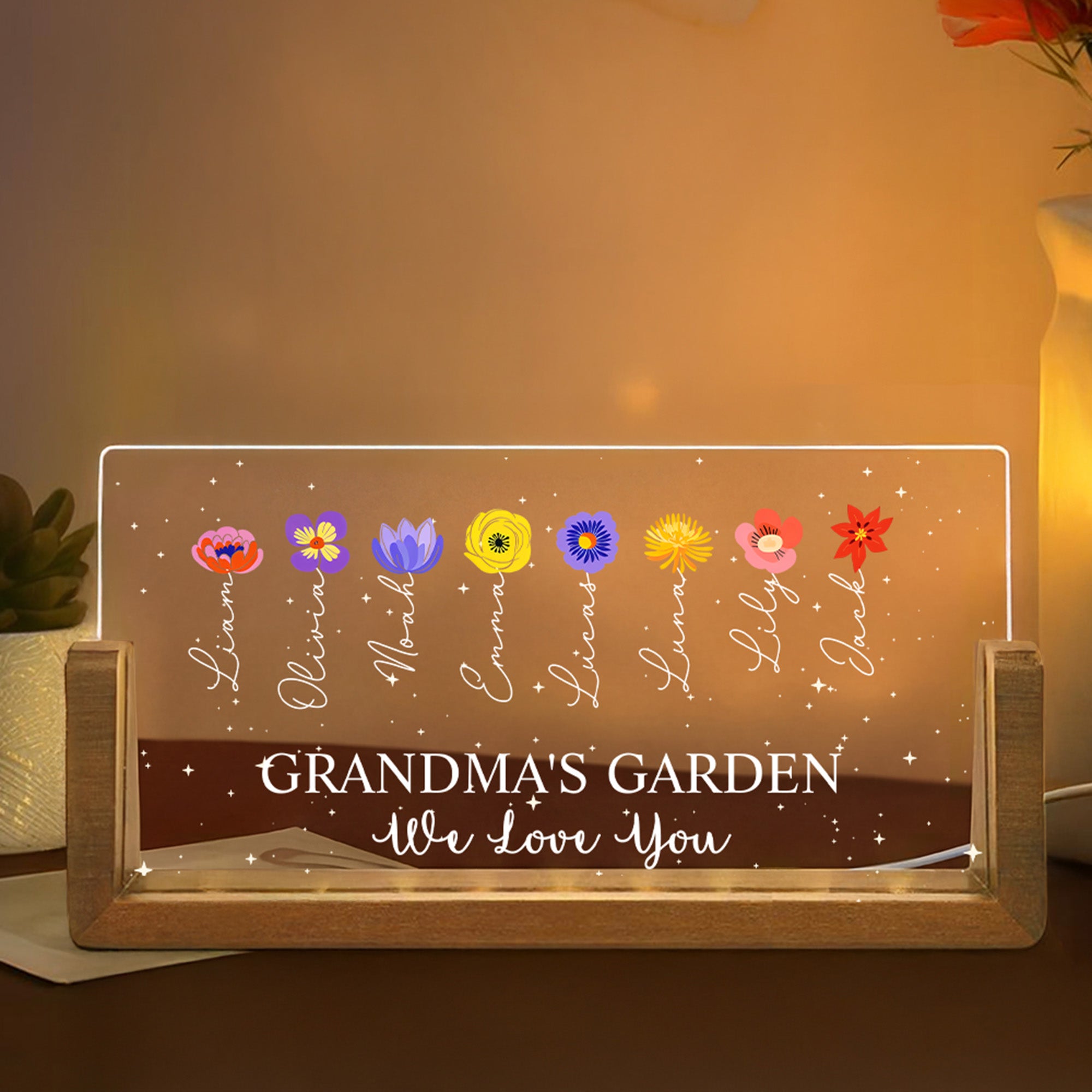Flor de nacimiento personalizada Rectanglar acrílico LED Luz de Noche con 1-12 Nombres Título Texto y Base de Madera Regalo del Día de la Madre para Mamá Abuela