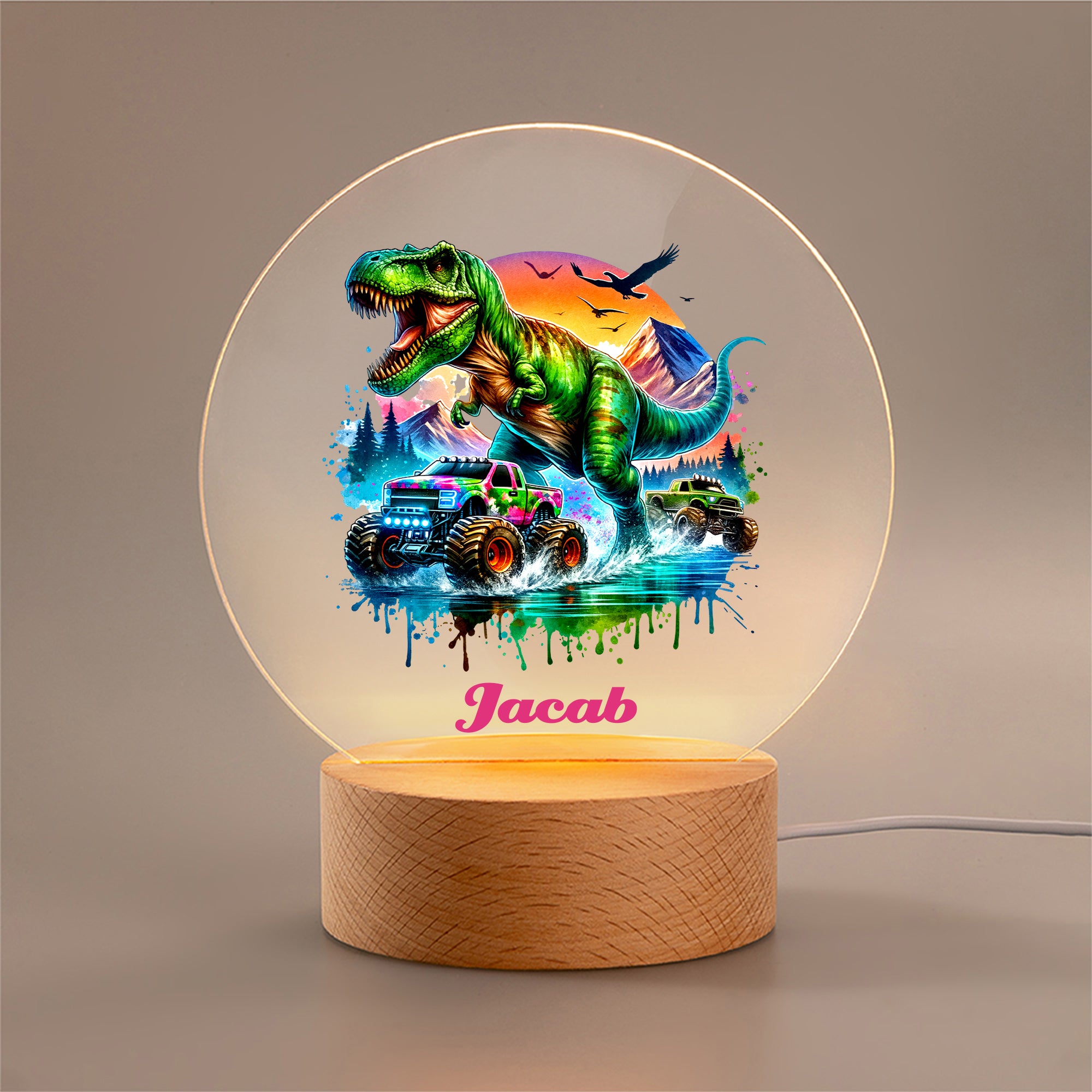 Camión Dinámico Personalizado Dinosaurio LED Luz de Noche con Nombre y Base de Madera Decoración del Hogar Regalo de Cumpleaños para Niños