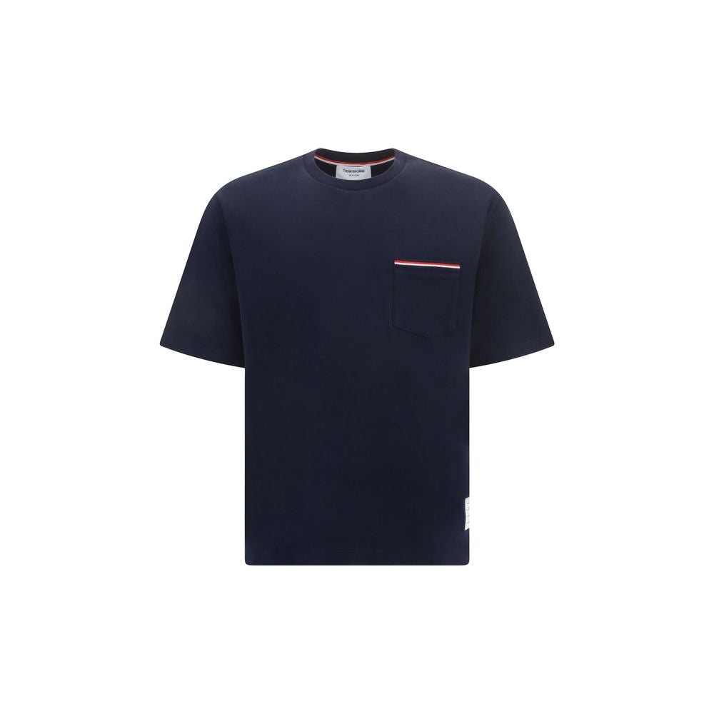 Thom Browne Cotton Crew-Neck with Tricolor Trim Pocket T-Shirt — Navy