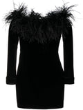 Alessandra Rich Feather-Trimmed Velvet Dress — Black