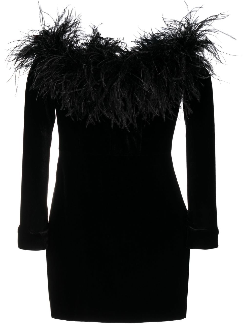 Alessandra Rich Feather-Trimmed Velvet Dress — Black