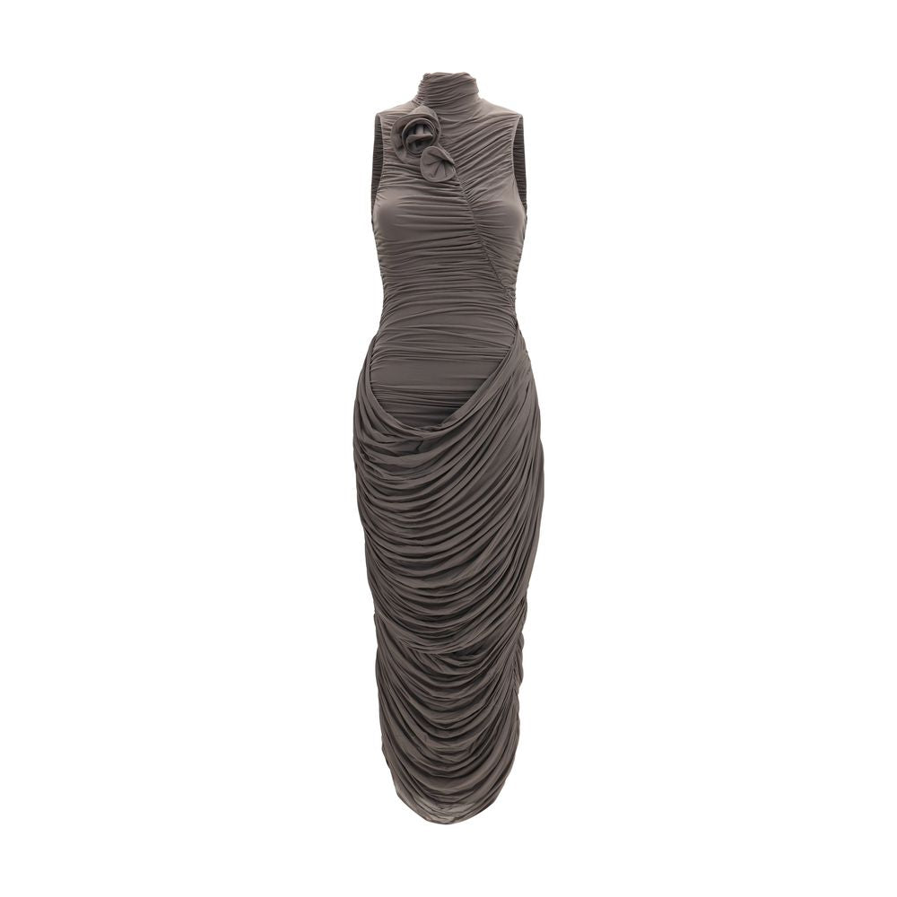 Magda Butrym Draped High-Neck Midi Dress — Gray