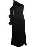 David Koma Asymmetric Ruffle-Trim Satin Dress — Black