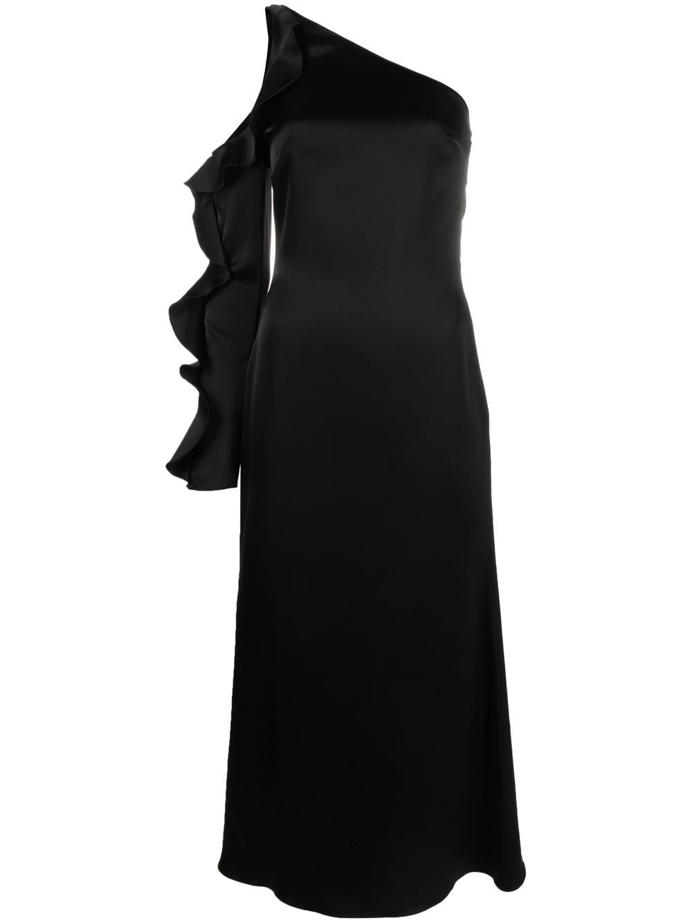 David Koma Asymmetric Ruffle-Trim Satin Dress — Black