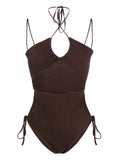 AndreĀdamo Ribbed-Knit Halterneck Bodysuit — Brown