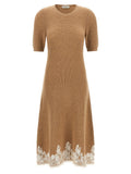Alberta Ferretti Cashmere Ribbed Knit with Lace Hem Dress — Brown
