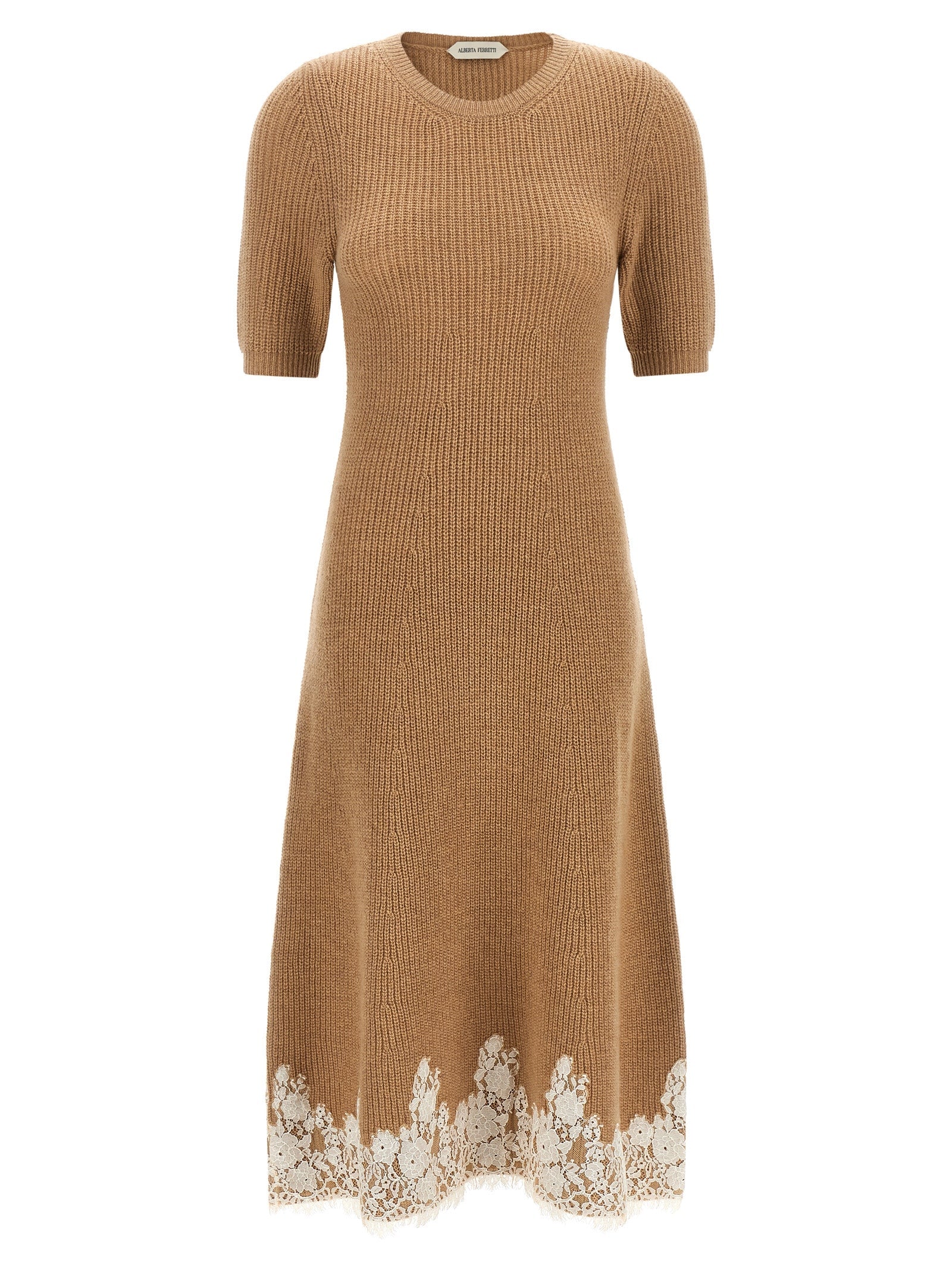 Alberta Ferretti Cashmere Ribbed Knit with Lace Hem Dress — Brown