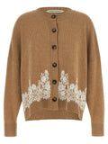 Alberta Ferretti Lace-Trim Cashmere Cardigan — Brown