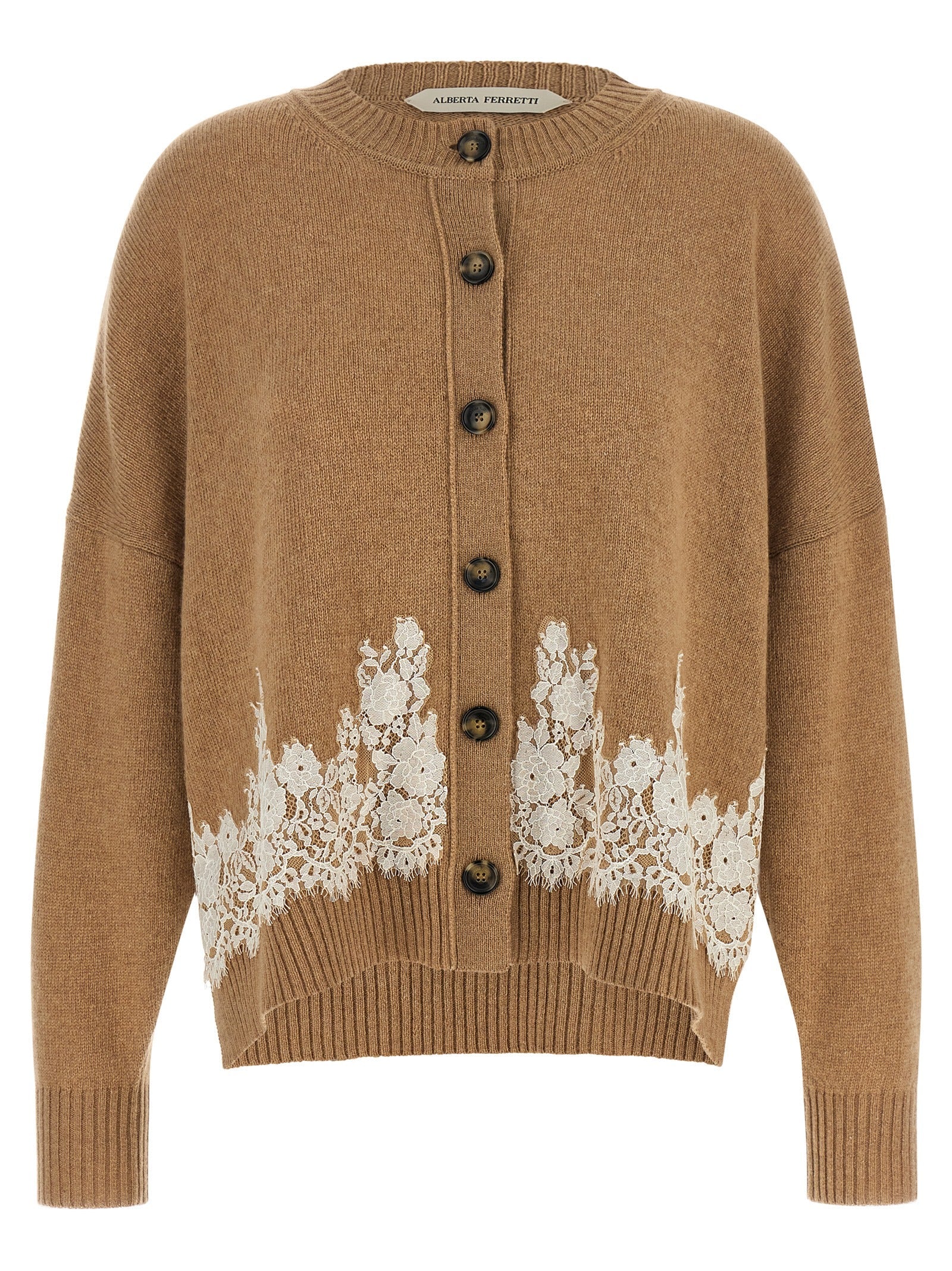 Alberta Ferretti Lace-Trim Cashmere Cardigan — Brown