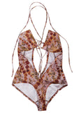 Knwls Floral Print Side-Lacing One-Piece Swimsuit — Mauve