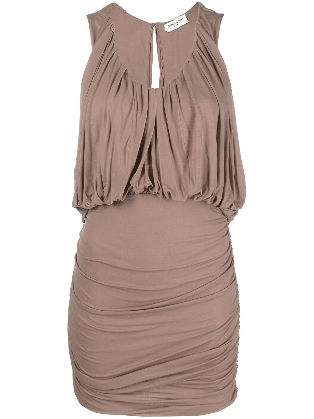 Saint Laurent Draped Ruched Minidress — Taupe