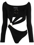 Louisa Ballou Ring-Detail Cut-Out Bodysuit — Black