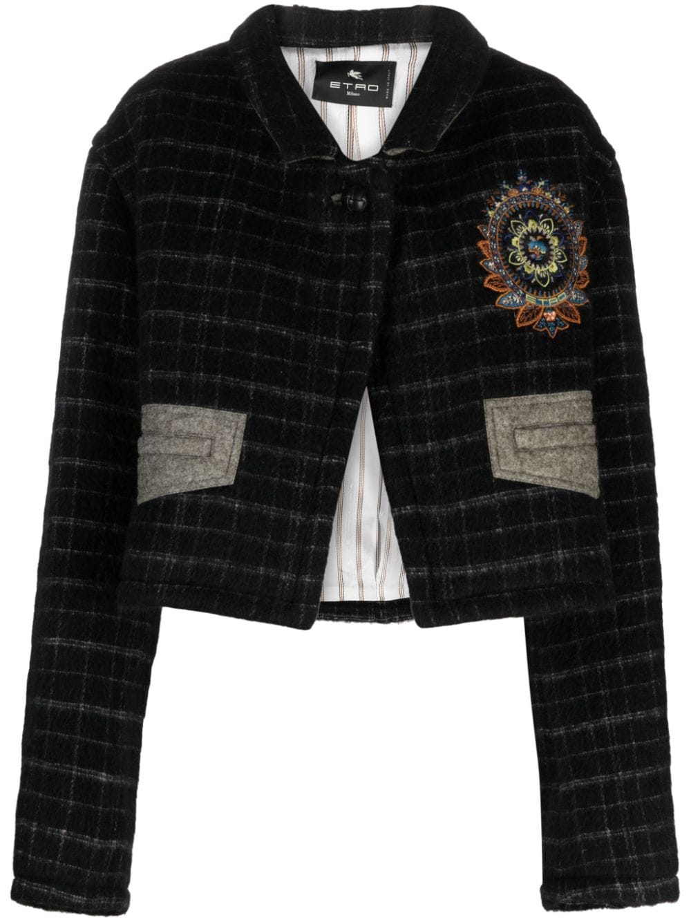 Etro Checked Wool-Blend Cropped Jacket — Black