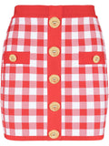 Balmain Gingham Fine-Knit Miniskirt — Red
