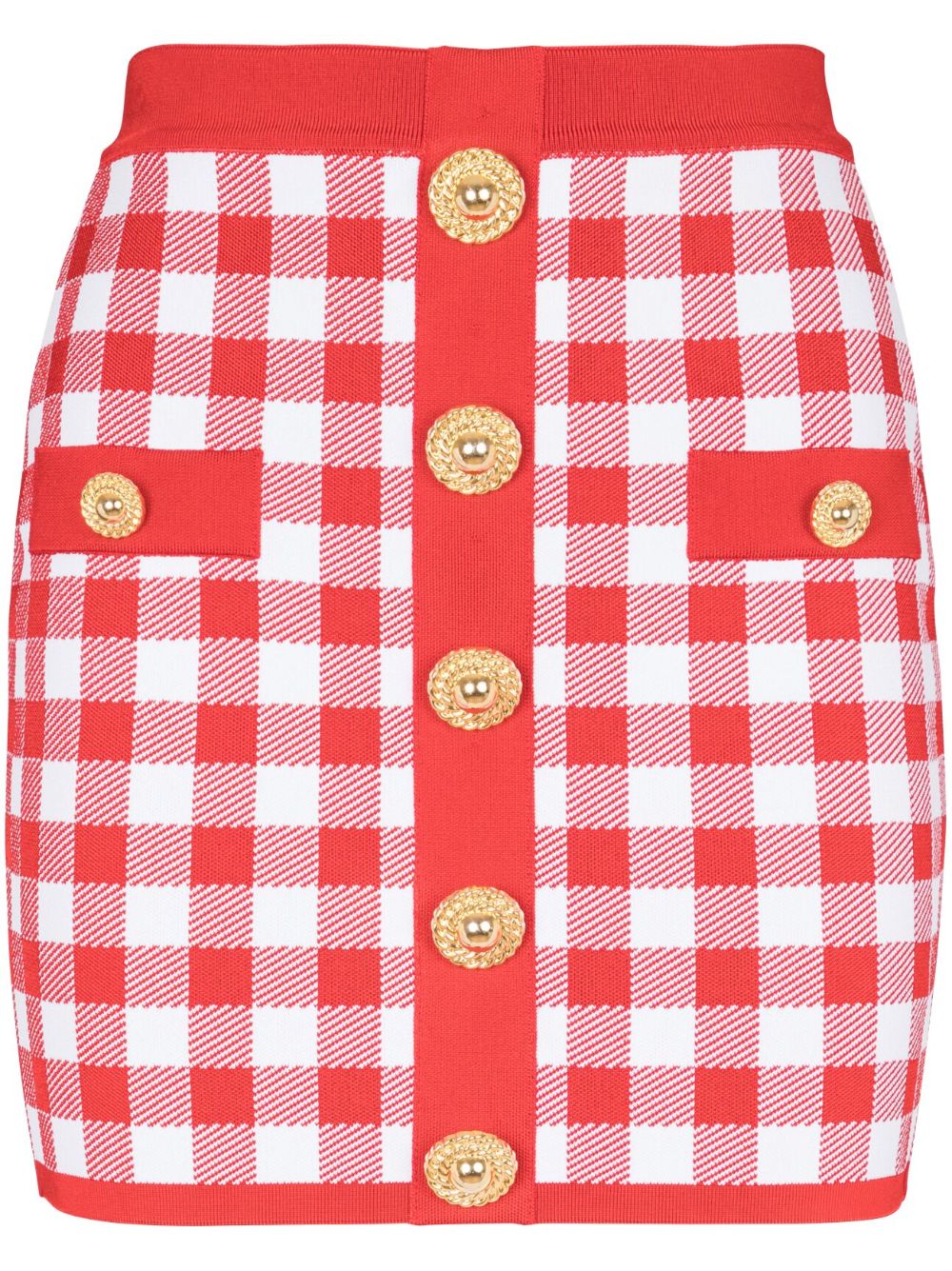 Balmain Gingham Fine-Knit Miniskirt — Red