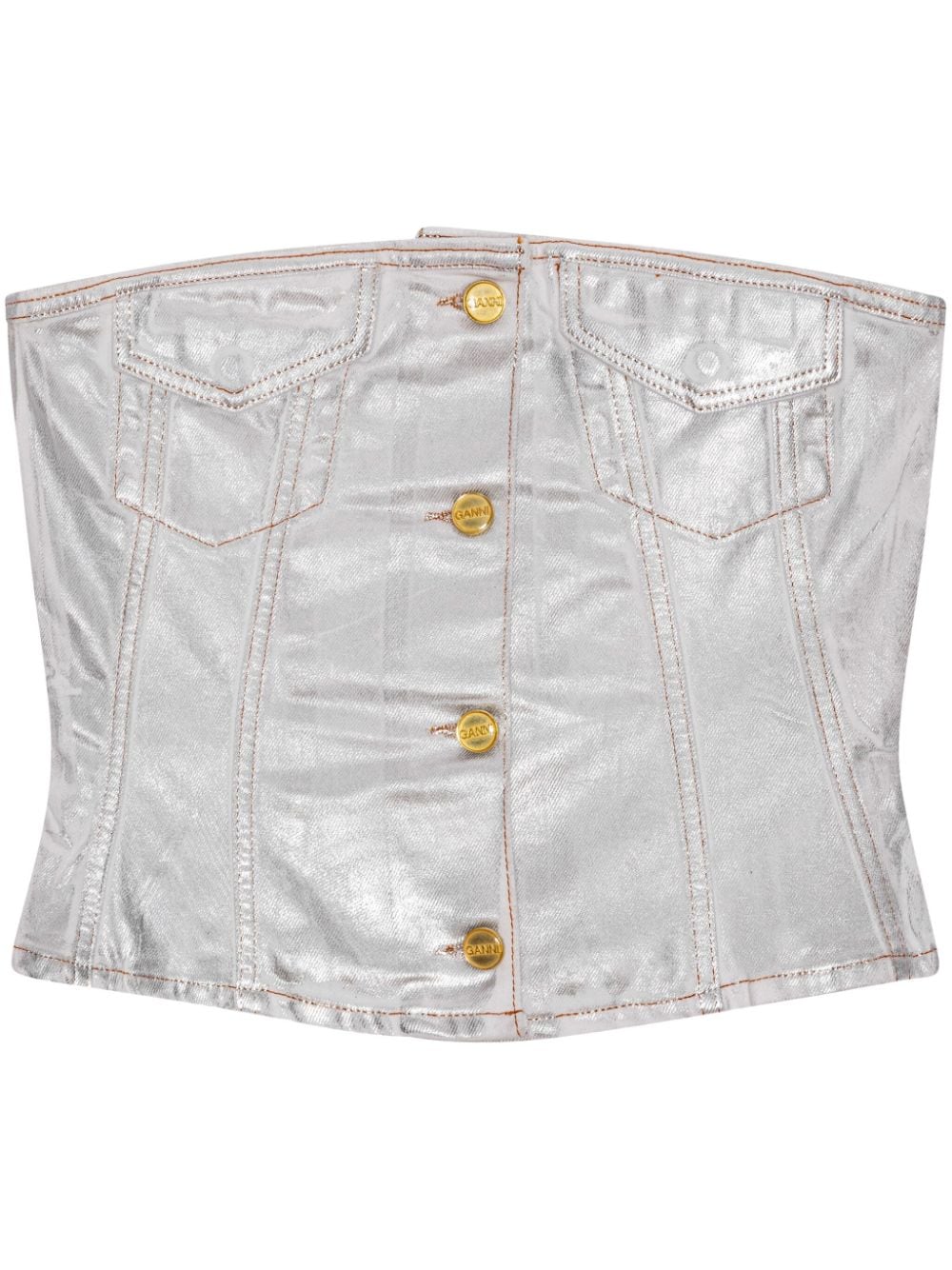 Ganni Silver Foil Denim Corset — Silver