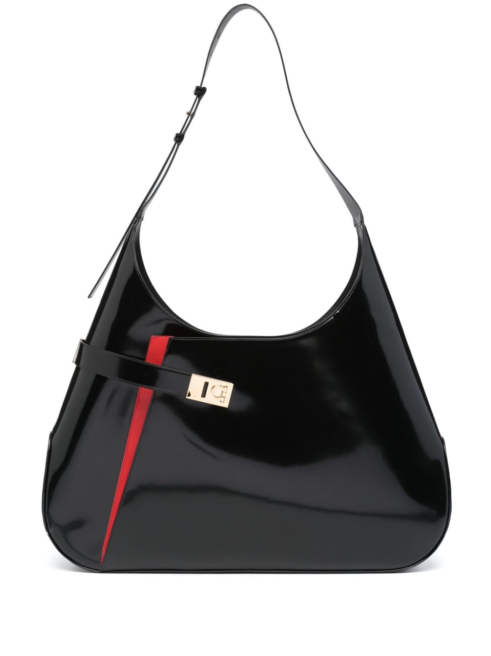 Ferragamo Patent Leather with Red Contrast Panel Shoulder Bag — Black