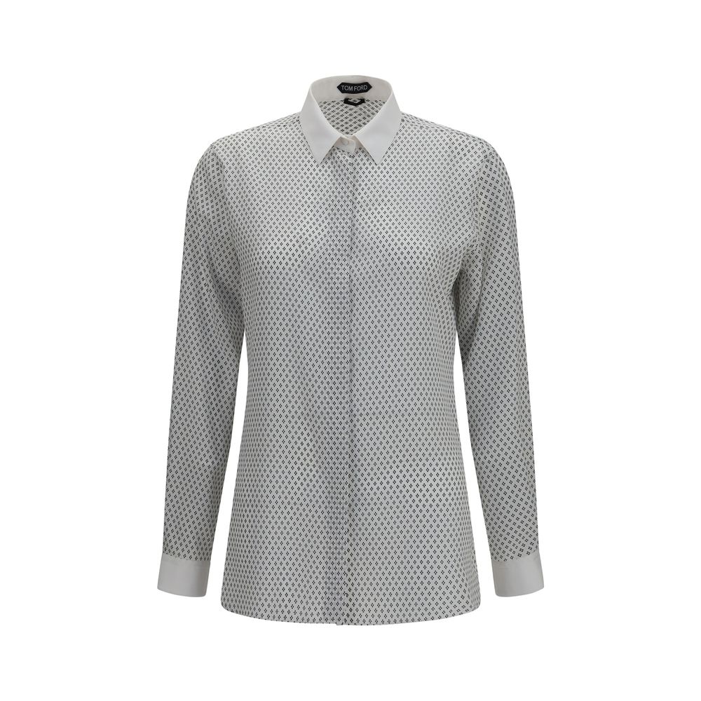 Tom Ford Micro-Geometric Diamond Silk Shirt — Gray