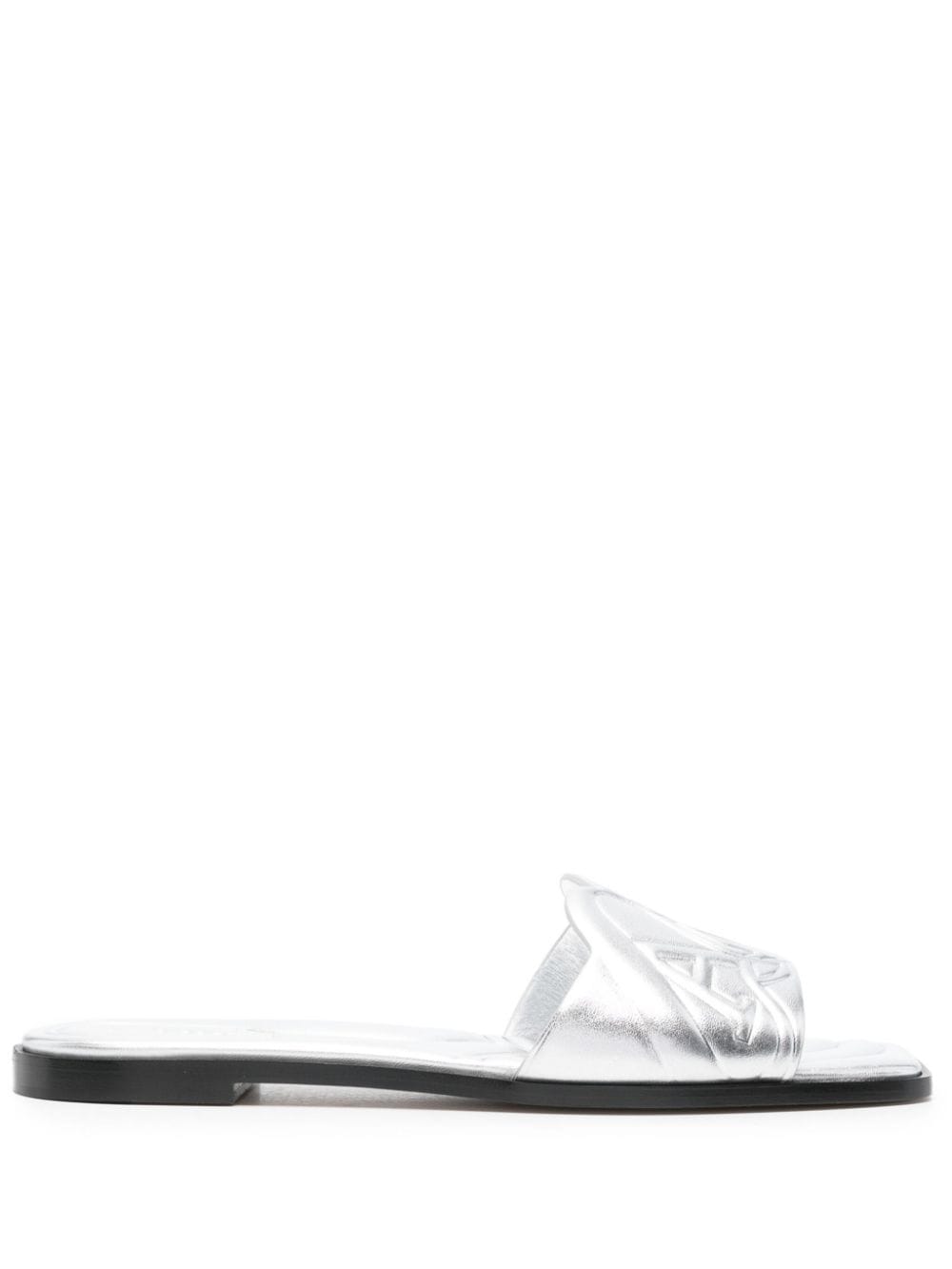 Alexander McQueen Logo-Embossed Metallic Slide Sandal — Silver