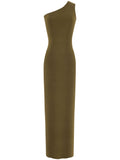 Saint Laurent One-Shoulder Silk Dress — Olive