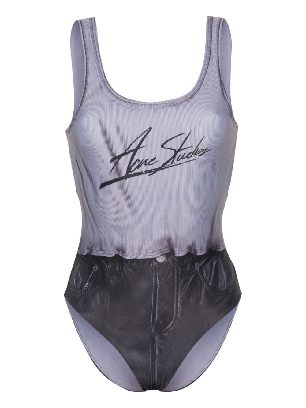 Acne Studios Printed Denim-Print Swimsuit — Grey