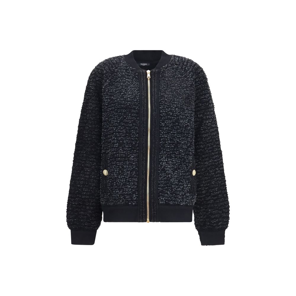 Balmain Sequin-Embellished Viscose Plush Bomber Jacket — Black
