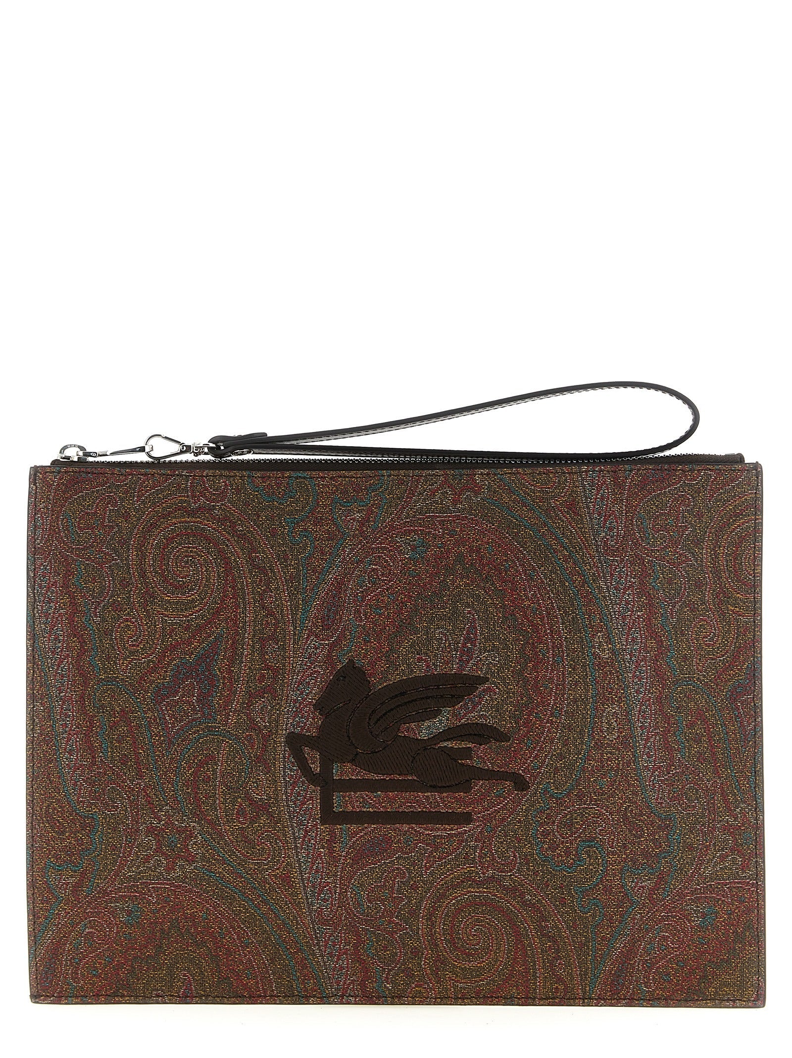 Etro Paisley-Embroidered Jacquard Clutch — Brown