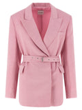 Nude Belt-Cinched Linen-Tencel Blazer — Pink