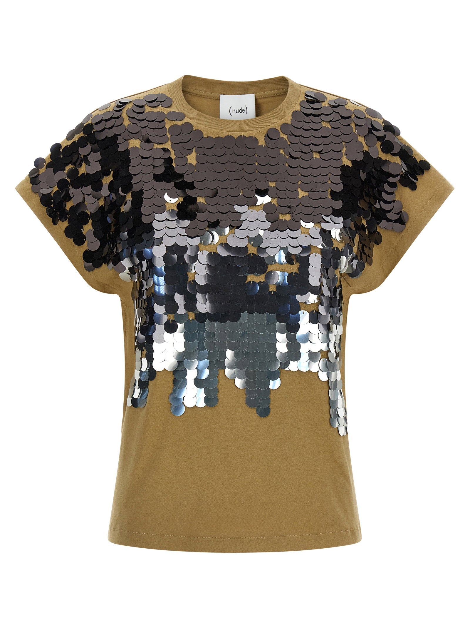 Nude Sequin-Embellished T-Shirt — Camel