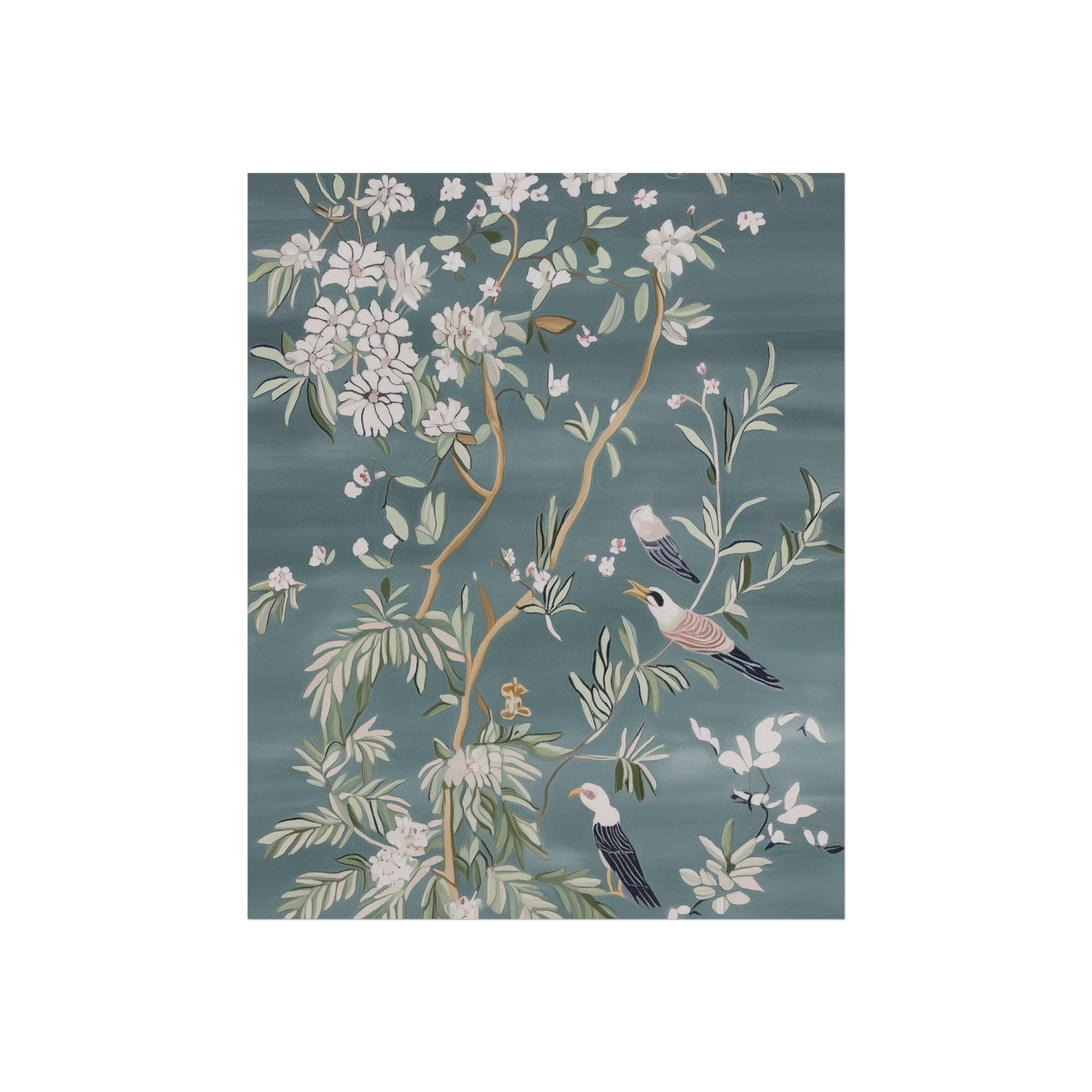 Dark Gray Chinoiserie Birds and Floral Scene Fine Art Poster