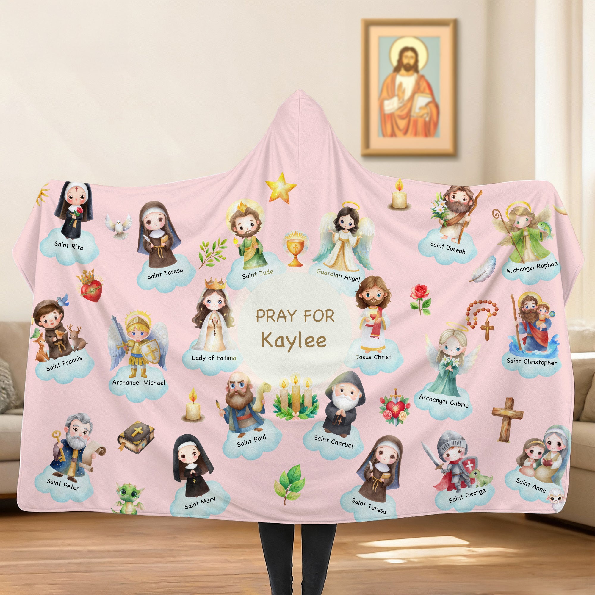 Personalizado de dibujos animados Santos del Cielo Guardián suave manta con capucha con el nombre de cumpleaños de bautismo de regalo para los niños cristianos