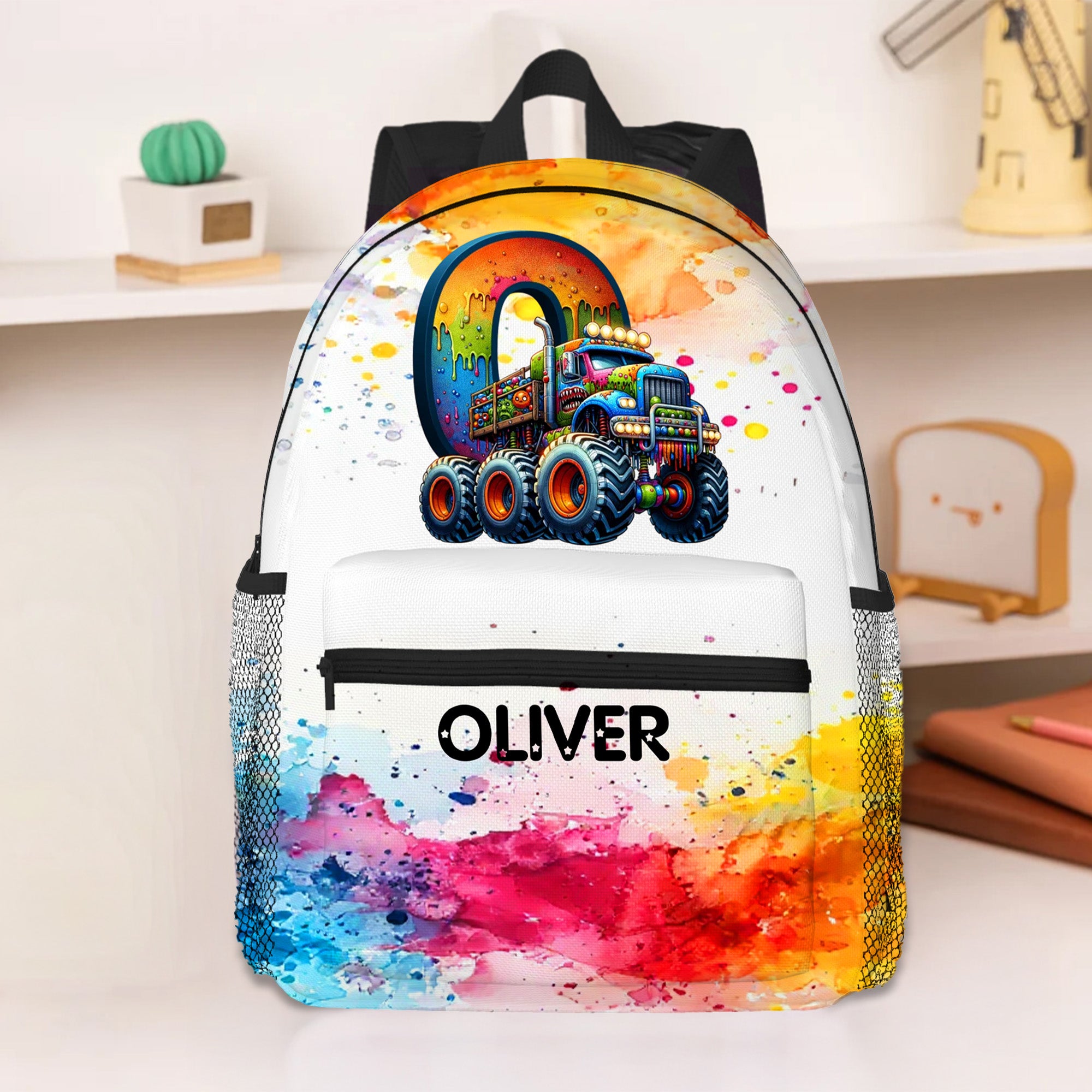 Mochila personalizada de gran capacidad con iniciales de camión en acuarela y nombre Regalo de navidad de cumpleaños de vuelta al cole para chicos amantes de los camiones