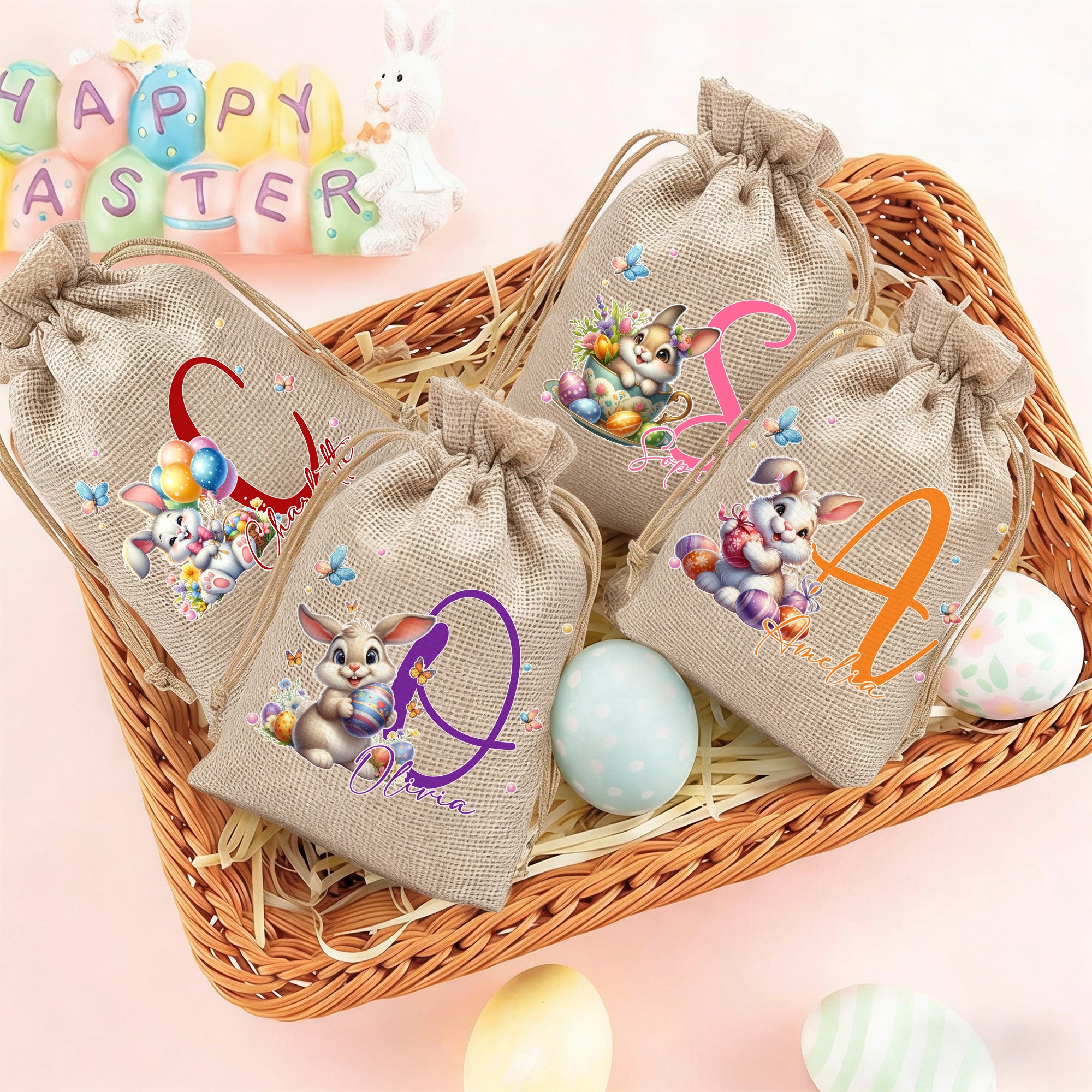 Personalizada lindo conejo de Pascua Inicial bolsa de regalo de caramelo de cordón con el nombre de Pascua Fiesta de Favores Regalo para Niños Niñas