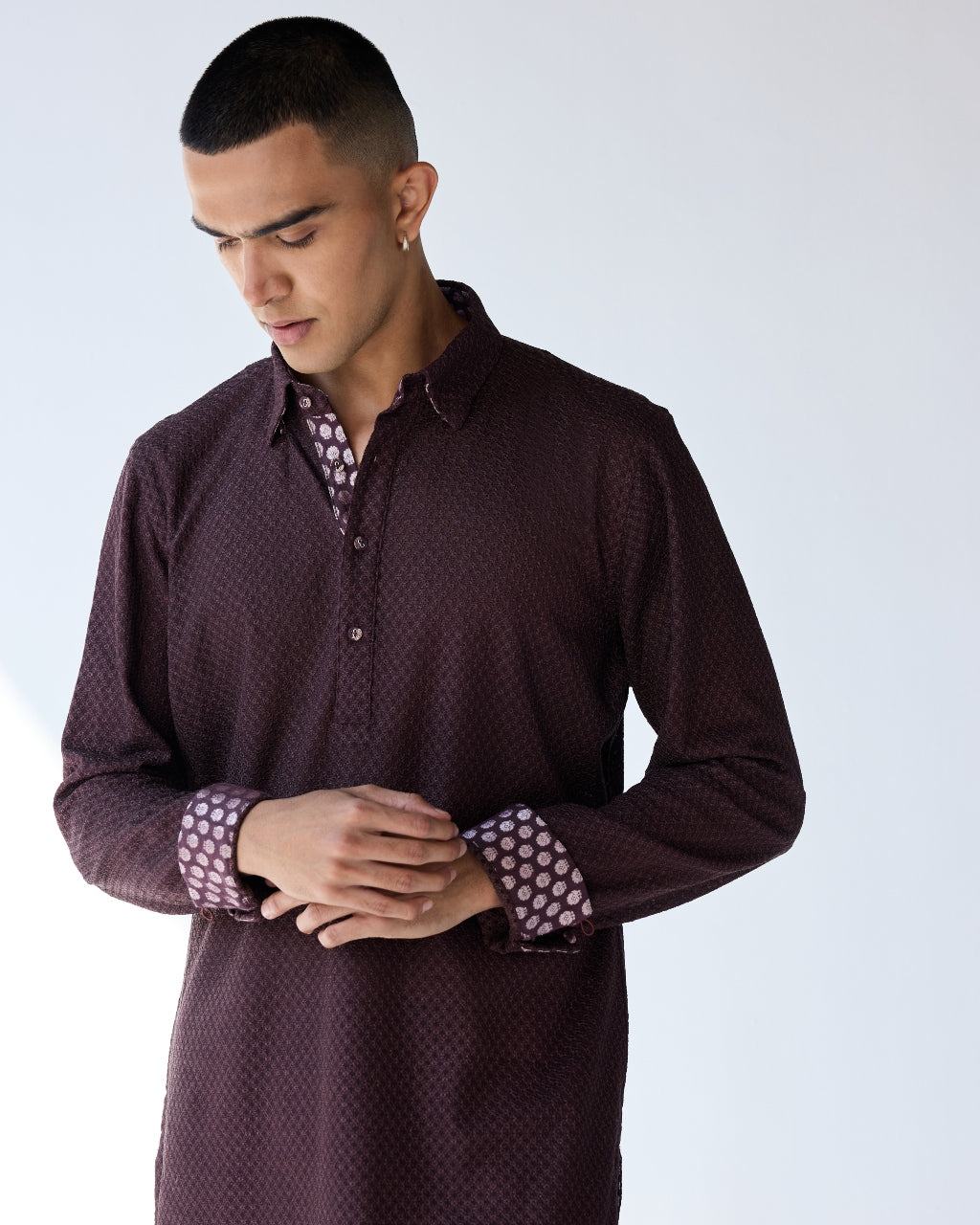 Plum Square Neck Henley Shirt Kurta Set By KYNAH, Luxury Indian Fashion & Bridal Wear