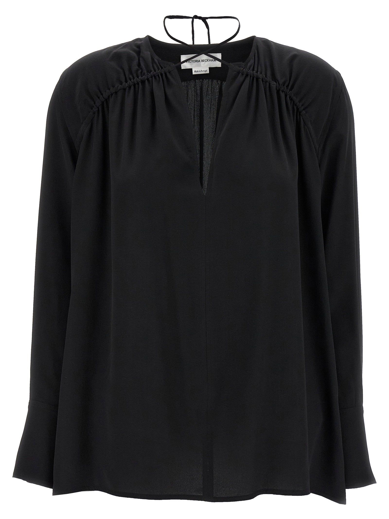 Victoria Beckham Gathered Tie-Detail Silk Blouse — Black
